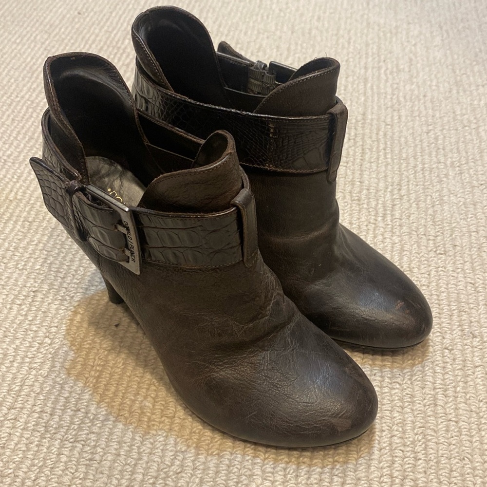 Donald Pliner dark chocolate brown bootie with buckle detail